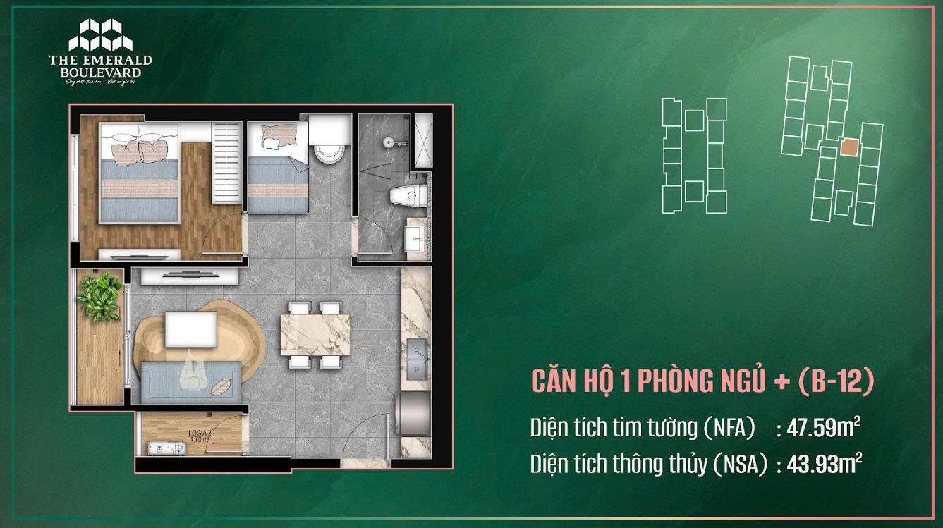 Mẫu căn hộ 1PN Emerald Boulevard