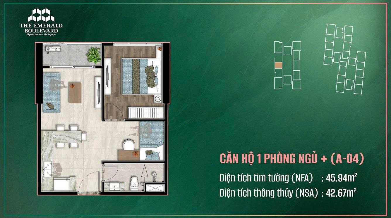 Mẫu căn hộ 1PN+ Emerald Boulevard