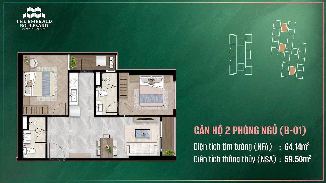 Mẫu căn hộ 2PN Emerald Boulevard
